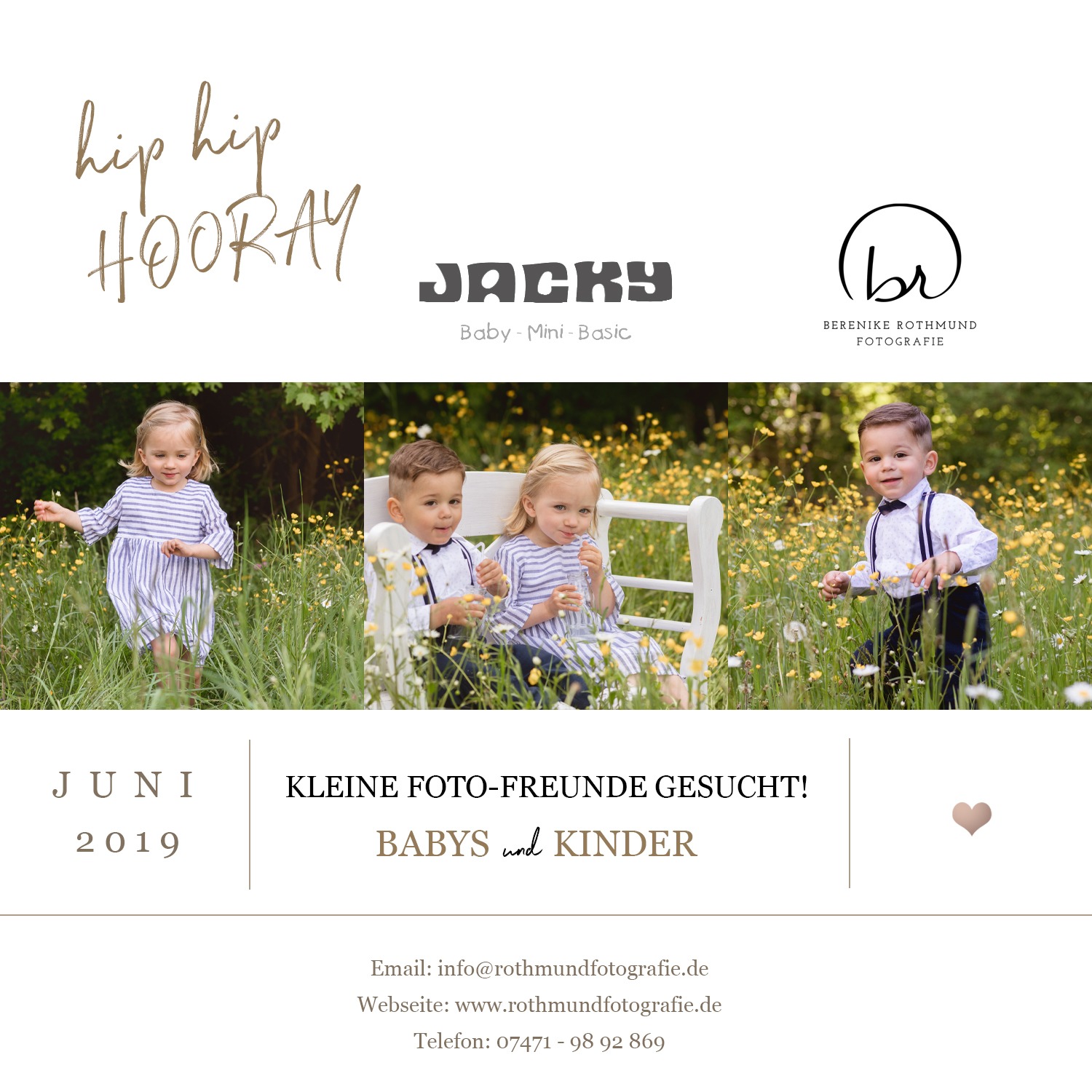 In Tübingen findet bald wieder das Fotoshooting für JACKY Baby- und Kindermoden statt. Das Modelabel lässt süße Baby und Kindermode entstehen,- gemütlich, hochwertig, bunt, wie die Kinderwelt. Aktuell suchen wir Babymodells und auch Kindermodells. Bewerbungen dürfen gesendet werden.